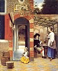 Courtyard Canvas Paintings - Figures Drinking in a Courtyard